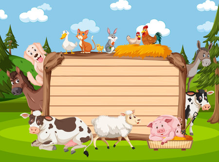 Empty wooden board with various wild animals in the forest illustrationのイラスト素材