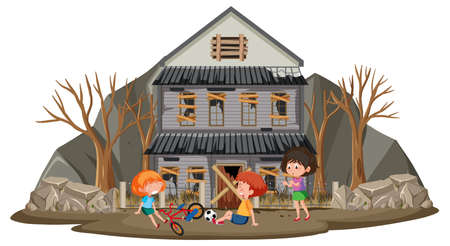 Children playing at abandon house illustrationのイラスト素材