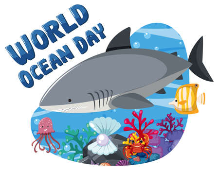 World Ocean Day banner with a big shark and sea animals illustrationのイラスト素材