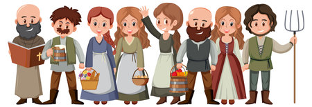 Group of medieval villagers on white background illustrationのイラスト素材
