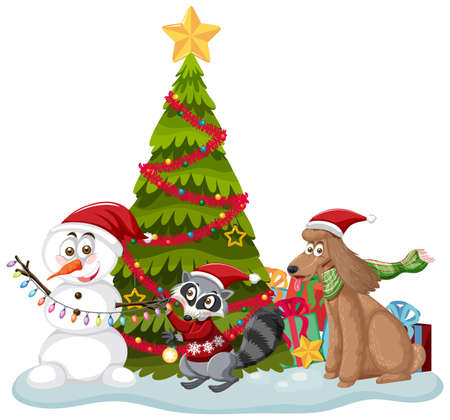 Christmas tree with cute animals on white background illustrationのイラスト素材