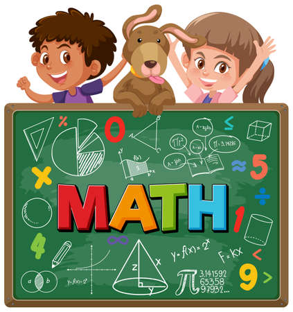 Boy and girl with blackboard of math formula illustrationのイラスト素材