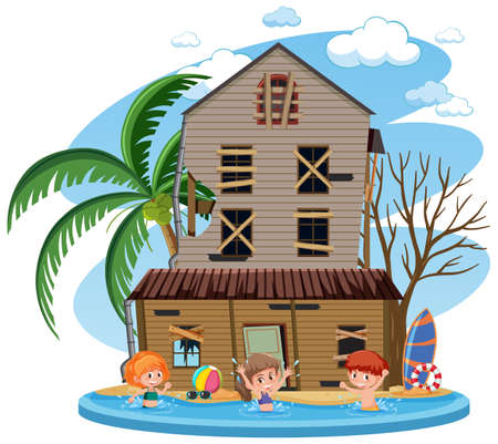Kids swimming in the water in front of the house illustrationのイラスト素材