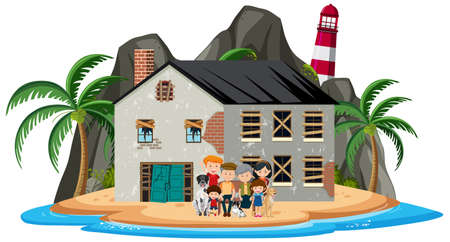 Happy family in front of the beach house illustrationのイラスト素材