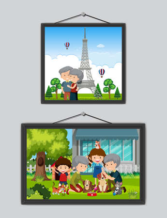 Family photo frames hanging on the wall illustrationのイラスト素材