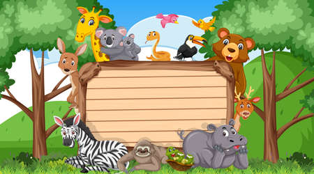 Empty wooden board with various wild animals in the forest illustrationのイラスト素材