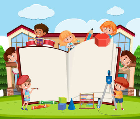 Empty opened book with student kids at school illustrationのイラスト素材