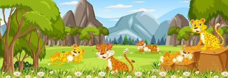 Outdoor panorama scene with many leoprads in the forest illustrationのイラスト素材