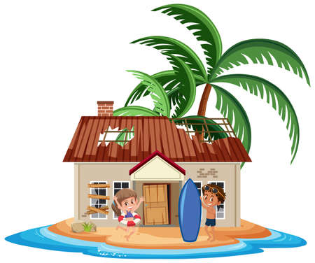 Children in front of old house at the island illustrationのイラスト素材
