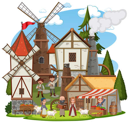 Medieval village with villagers on white background illustrationのイラスト素材