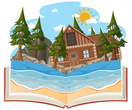 Open book with wooden house in the beach illustrationのイラスト素材