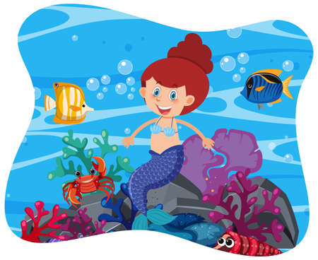 Cute mermaid in underwater background illustrationのイラスト素材