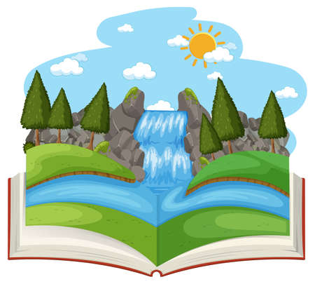 Open book with waterfall in the forest scene illustrationのイラスト素材