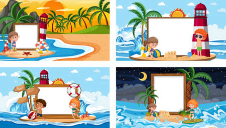 Set of blank banner in different tropical beach scenes illustrationのイラスト素材