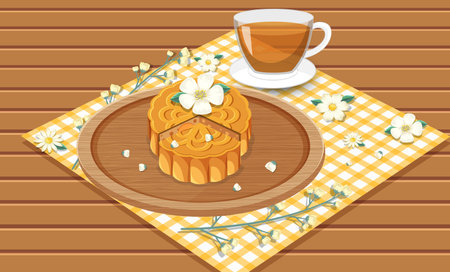 Mooncake with teacup set on wooden table illustration