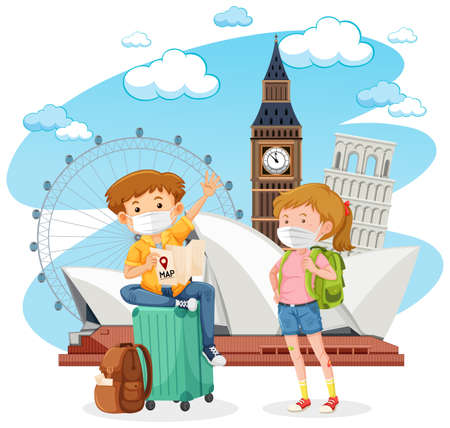 Couple tourist wearing mask travel during covid-19 pandemic illustrationのイラスト素材