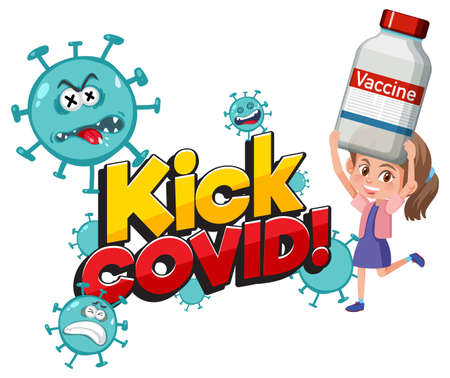Coronavirus vaccination concept with Kick Covid font and cartoon character illustrationのイラスト素材