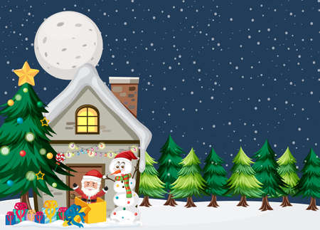 Christmas background with snow house at night  illustrationのイラスト素材