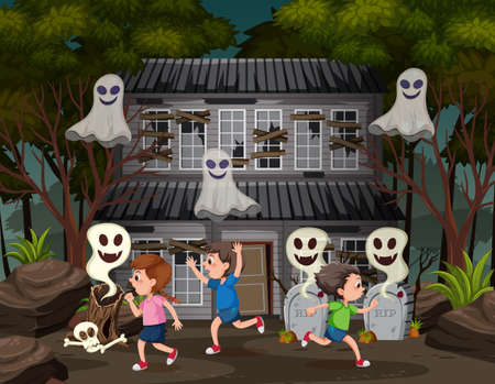 Children at the haunted house illustrationのイラスト素材