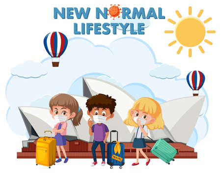 New normal lifestyle icon with people travel during covid-19 pandemic illustrationのイラスト素材