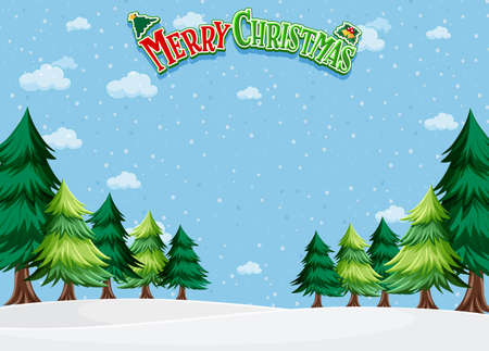 Merry Christmas background template with many pine trees illustrationのイラスト素材