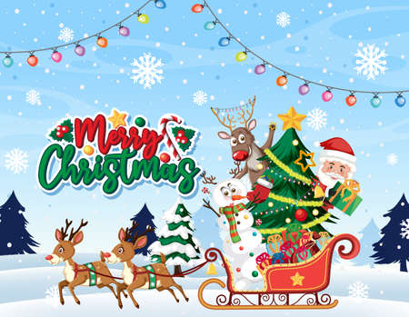 Merry Christmas banner with reindeer sledge illustrationのイラスト素材
