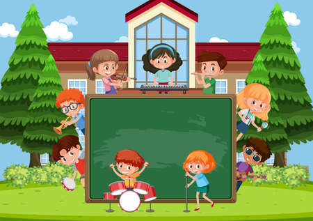 Empty blackboard with kids playing different musical instruments illustrationのイラスト素材