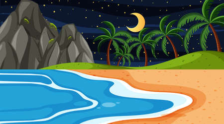 Beach landscape at night scene illustrationのイラスト素材