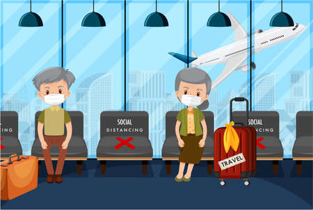 Social distance with public seating regulations in airport area illustrationのイラスト素材
