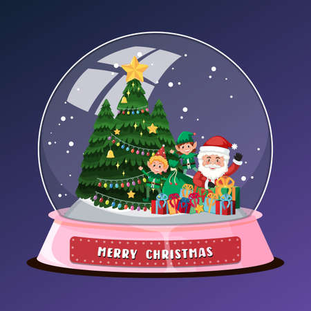 Santa Claus and Christmas tree in snowdome illustrationのイラスト素材