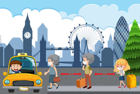 Social diatancing with people waiting taxi in a queue illustrationのイラスト素材