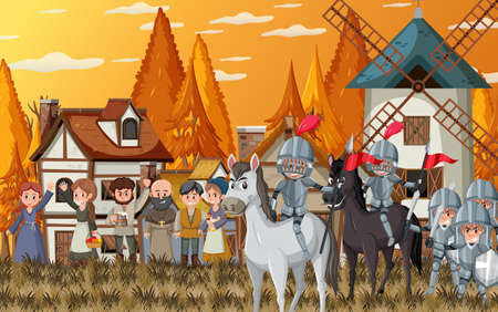 Medieval town at sunset time scene with villagers and soldier illustrationのイラスト素材
