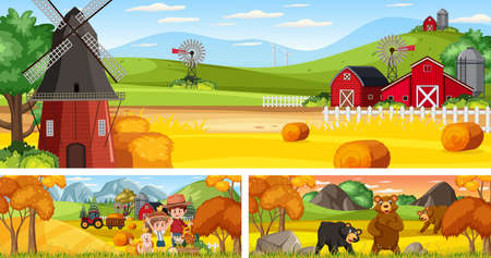 Outdoor panoramic landscape scenes set with cartoon character illustrationのイラスト素材