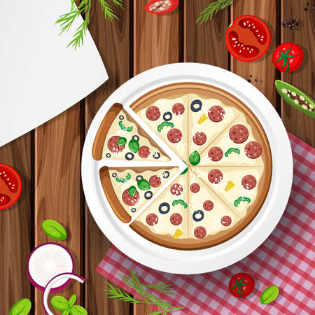 Salami cheese pizza on wooden table  illustrationのイラスト素材