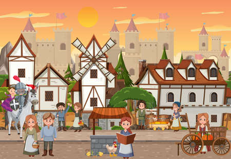 Medieval town at sunset time scene with villagers illustrationのイラスト素材