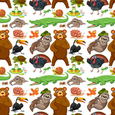 Seamless pattern with cute wild animals on white background illustrationのイラスト素材