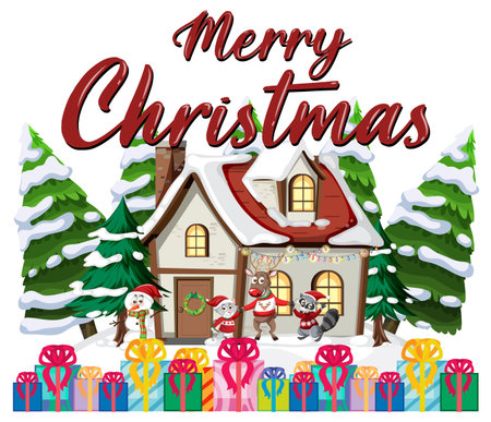 Merry Christmas text design with winter house and tree illustrationのイラスト素材