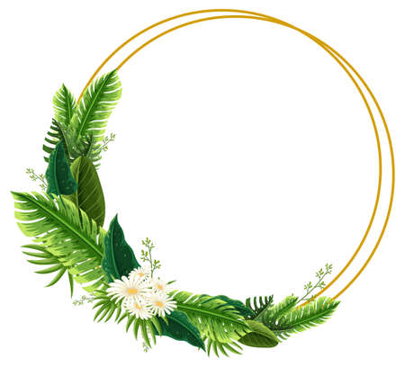 Round frame with tropical green leaves illustrationのイラスト素材