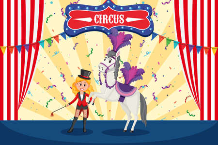 Magician girl and horse performance on stage illustrationのイラスト素材