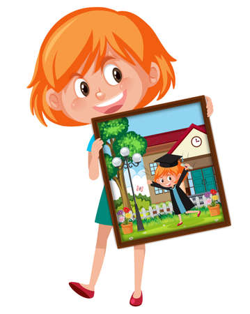 Cartoon character of a girl holding her graduation photo illustrationのイラスト素材