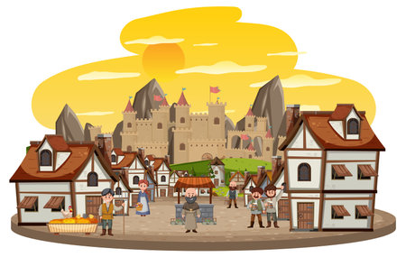 Medieval village with villagers on white background illustrationのイラスト素材