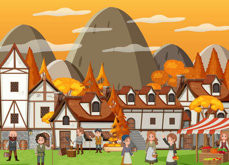 Medieval town at sunset time scene with villagers illustrationのイラスト素材