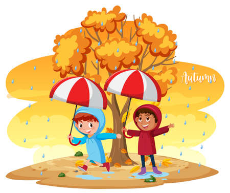 Happy kids in rain with umbrella illustrationのイラスト素材
