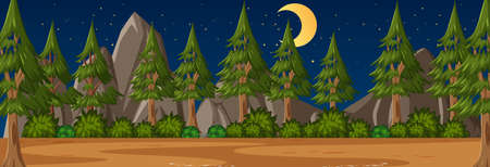 Forest horizontal scene at night with many pine trees background illustrationのイラスト素材