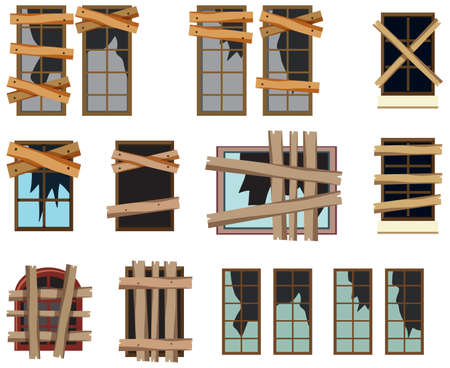 Set of different dilapidated windows illustrationのイラスト素材
