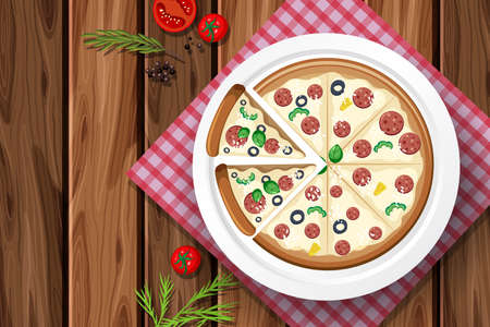 Salami cheese pizza on wooden table  illustrationのイラスト素材