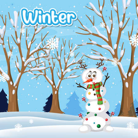 Snowman on winter snow background illustrationのイラスト素材