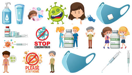Cartoon character and Coronavirus vaccination isolated objects illustrationのイラスト素材