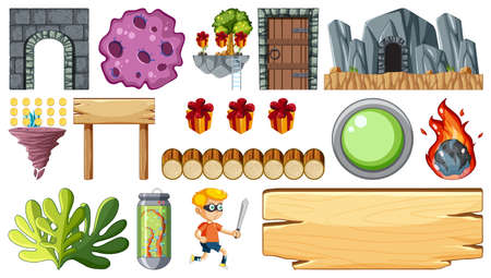 Set of isolated fantasy space game objects and elements illustrationのイラスト素材