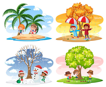 Different scenes with children in four seasons illustrationのイラスト素材